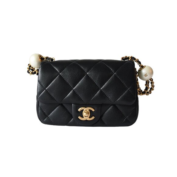 Chanel Lambskin Brushed Mini Square Pearl Flap Bag Gold Hardware Black - Picture 1 of 6